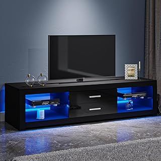 Panana Modern TV Unit Stand Cabinet 120cm 2 Drawers 2 Glass Shelves Media Storage Sideboard with RGB LED Lights up to 55" TVs Screen, (Black)