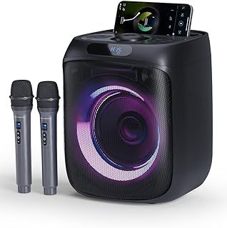 Karaoke Machine 2 Microphones for Adults Bluetooth Party Speaker with Deep Bass, Remote, Voice Records, Singing PA System LED Lights, FM Radio, TWS TF/USB/AUX for Outdoor/Indoor