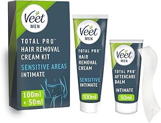 Veet Men Intimate Hair Removal Kit, Mens Hair Removal Cream 100ml, After Shave Balm 50ml, 1 Spatula, Hair Removal Cream For Genitals, Pubic Hair Removal, Intimate Hair Removal