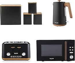 Salter Toronto 7-Piece Countertop Set - Kitchen Set with 20L Digital Microwave, 1.7L Kettle, 4-Slice Toaster, Tea, Coffee & Sugar Canisters, and Bread Bin, Black/Wooden Accents