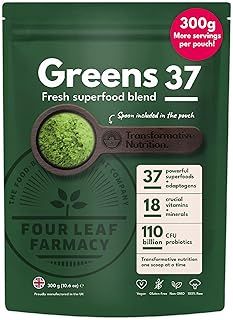 Greens Powder - Limited Edition - Made in UK with 37 superfoods - 300g High Dosage Servings - Vegan Gluten Free - with KSM-66® Ashwagandha and Lions Mane (300g, Real Fruit Blend)