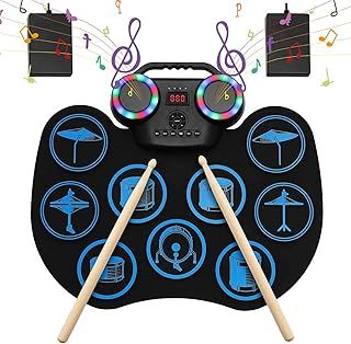 Electronic Drum Set, Uverbon Portable Roll-Up Drum Pad Electronic Drum Kit 9 Silicon Built-in Dual Stereo Speakers, Bluetooth Wireless Electric Drums for Kids Beginners