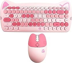Wireless Mouse and Keyboard Set, Cute Cat Keyboard Mouse Combo for Present, 2.4G Cordless Computer Mice with USB Receiver for Laptop PC MAC (Cherry Blossom Pink)