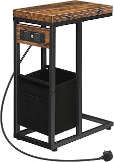 HOOBRO C Shaped Side Table, Bedside Table with Charging Station, Foldable Sofa Side Table Small Tables, 2 USB Ports and 2 AC Outlets, Laptop Table with Fabric Bag, Rustic Brown and Black EBF30KSF01