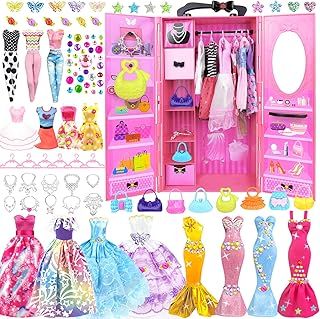 BNUZEIYI 75 PIECE Doll Clothes and Accessories Set, Includes Wedding Dress, Fashion Outfits, Tops, Pants, Hangers, Bags For Girls