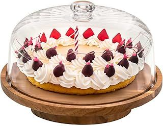 Cutesun Wooden Cake Stand with Turntable Base, Cake Display Tray for Kitchen, Birthday Parties, Weddings, Baking Gifts, Acacia Wood Cake Decoration with Cover