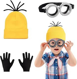 Kodepro 3Pcs Cute Minion Accessories Set for Kids, Little Yellow Man Costume Set Including Steampunk Goggles Glasses Beanie Knit Hats Black Gloves for Halloween Costume Cosplay Party Supplies