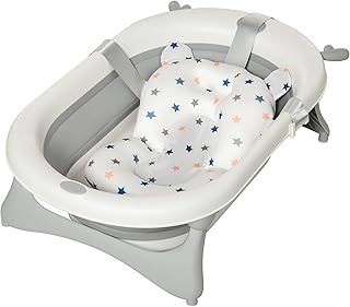 HOMCOM Foldable Baby Bathtub Set, Collapsible Bath Tub with Thermostatic Water Plug, Non-Slip Support, Cushion Pad, Drain Plugs, for Newborn to 3 Years - Offwhite