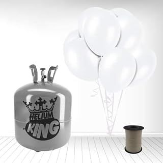 Disposable Helium Gas Cylinder with 50 Snow White Balloons and Curling Ribbon