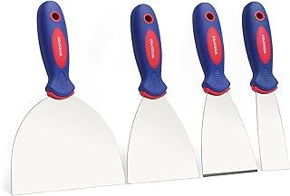 WORKPRO Wallpaper Scrapers 4-Piece, Stainless Steel Paint Scraper, Wall Scraper Set with Soft Handle, for Drywall Finishing, Plaster Scraping, Wallpaper, 38/76/100/150mm