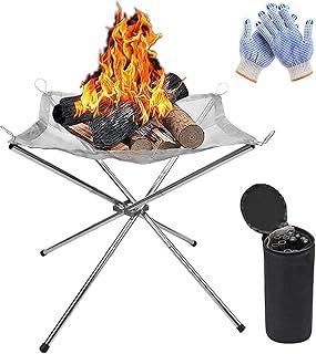 Portable Outdoor Fire Pit, 42CM Foldable Stainless Steel Mesh Fire Pit Fireplace BBQ Fire Bowl for Patio Backyard Garden Camping Picnics Bonfire - with Heat Resistant Gloves & Carrying Bag