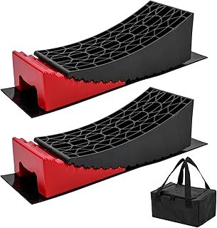 KATSU Tools 2 Pack Camper Levelers RV Caravan Levelling Ramps Blocks 13.5 Ton Capacity Heavy Duty for Motorhome Van Trailer, Includes 2 Rubber Mats, 2 Curved Levelers, 2 Wheel Chocks and Carry Bag