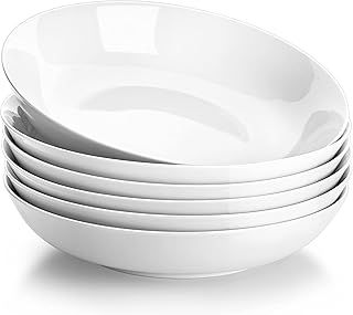 MALACASA, Series Regular, 9'' Pasta Bowl, Porcelain Salad Pasta Bowl, Large Ceramic White Soup Bowl Set, Serving Plates for Salad Pasta Soup Fruit, Microwave Dishwasher Safe, Set of 6
