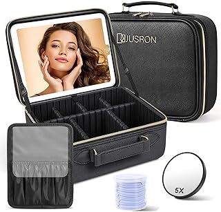 JUSRON Travel Makeup Bag with LED Mirror-3 Colors Modes, Portable Cosmetics Organizer with Adjustable Dividers Compartment, Light Up Vanity Case&Makeup Storage for Women with Makeup Accessories