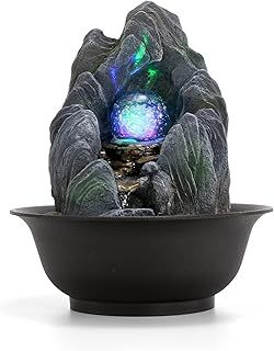 Dyna-Living Indoor Fountain, Tabletop Water Fountain, Rockery Meditation Water Fountain with LED Crystal Ball, Indoor Water Feature for Home Office Decor Relaxation,11.02''*9.65"*7.28" Grey
