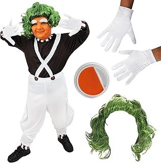 Boys Chocolate Factory Worker - Brown Top, White Dungarees, Green Wig, White Gloves, Orange Facepaint - Kids World Book Day Book Week Fancy Dress Costume