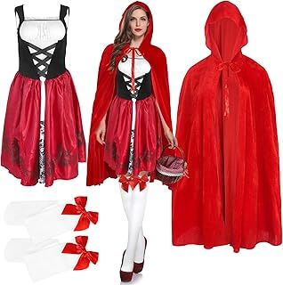 3pcs Adult Little Red Riding Hood Costume Set, Funny Red Velvet Cape with Dress Bow Tie Knee High Socks, Women's Halloween Fancy Dress for World Book Day Carnival Cosplay Stage Performance