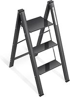 KINGRACK Aluminium 3 Step Ladder with Wide Steps, Lightweight Folding Ladder, Portable Slim Step Stool, Safety Household Ladder Stepladder with Multi-function, Black
