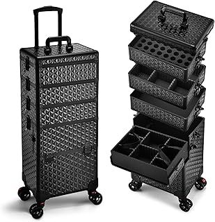 Professional 5 in 1 Makeup Trolley Box Vanity Rolling Case 5 Tiers Cosmetic Organiser Box On Wheels Beauty Storage Case Salon Hairdressing Trolley Lockable with Locks, Diamond Black