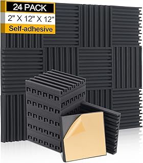 24 Pack Sound Proofing Panels with Self Adhesive 12" x 12" x 2" High Density 3D Acoustic Wall Panels Sound Absorbing Foam for Recording Studio Home Office