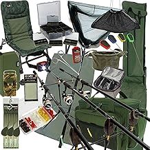 Deluxe Carp Fishing Setup Rods Reels Foldable Camo Chair Holdall Bags Unhooking Mat Landing Net Tackle Box Weighing Scales