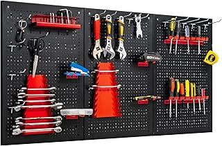 COSTWAY 120x60x2.5cm Tool Pegboard, 28Pcs Garage Wall Rack Drill Bit Storage Rack, Wrench Set Racks, Holders, Long Racks and Short & Pegboard Hooks, Mounted Organiser, Black + Red