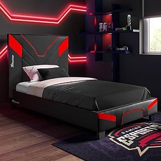 X-Rocker Cerberus Gaming Bed, 3ft Single Bedstead Frame, Wooden Slats, PU Faux Leather Upholstered Headboard, Low Footboard, Ideal for Teens, Kids, Children, Gaming Inspired Carbon Red Black 90x190cm