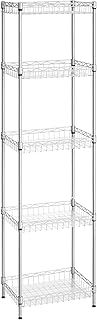 SONGMICS Metal Storage Shelf, Wire Basket Shelving Unit, Kitchen Storage Rack, 4 Hooks, PP Sheets, Adjustable Shelves, Total Load Capacity 100 kg, for Bathroom, Pantry, Small Spaces, Silver LGR105E01