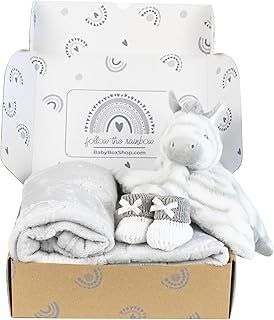 4 Baby Essentials for Newborn Unisex, Ideal as Baby Shower Gifts & Christening Gifts, Includes a Zebra Baby Comforter, Grey Fleece Baby Blanket and Grey & White Cotton Booties