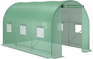 Outsunny 3.5 x 2m Walk-In Polytunnel Greenhouse, with Steel Frame, PE Cover, Roll-Up Door and 6 Windows, Green