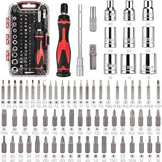 Amazon Basics Magnetic Ratcheting Wrench and Electronics Precision Screwdriver Set, 73 count (Pack of 1), Black, Red, Silver