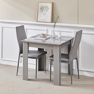 75x75cm Square Dining Table and Chairs Set, Modern Grey Faux Leather and Glass/Plastic Dining Set