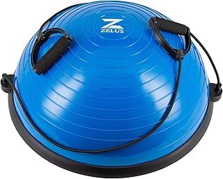 ZELUS 58cm Half Exercise Ball Stability Balance Board with Resistance Bands for Yoga Workouts, Half Dome Pilates Yoga Balance Ball Trainer with Foot Air Pump