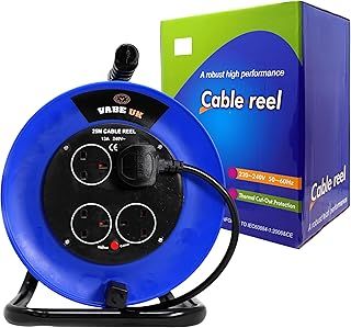 Vabe UK 25m Long Extension Lead, 4 Socket Cassette Cable Reel Drum with Thermal Cut Out - Heavy Duty Extension Cord Reel with Carry Handle for Outdoors, Garden, Office & Home