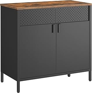 SONGMICS Storage Cabinet, Metal Cabinet with Double Doors, Magnetic Closure, Adjustable Shelf, Steel Frame, Rustic Brown and Black LSC102B01