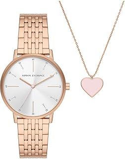Armani Exchange Watch for Women, Quartz Three Hand Movement, 36 mm Rose Gold Stainless Steel Case with a Stainless Steel Strap, AX7145SET