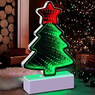 Johiux Christmas Infinity Lights,LED Small Christmas Tree Christmas Table Decoration,Mini Christmas Tree with Lights,Christmas Mirror Decorations,Light up Christmas Decorations,Led Xmas Mini Tree