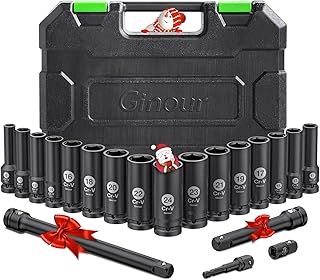 Ginour 20PCs Impact Socket Set 1/2 Inch, CR-V Drive Master Deep Impact Socket Set 8mm - 24mm, Metric, 6 Point, with 3pcs Drive Impact Extension Bar Set 3", 5",10"
