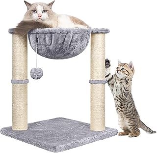 HOMIDEC Cat Scratching Post, 50cm Cat Tree with Cat Hammock Bed, Scratching Posts for Indoor Cats with Hanging Ball Toy, Small Cat Tree for Kitten Pets Playing and Relaxing, Grey