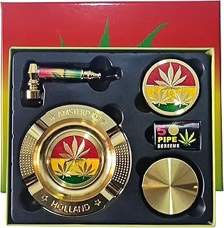 Zactly Exclusive 5 in 1 Smoker Smoking Accessories Kit 2 Collection Bundle, Tobacco Metal Ashtray, 4-Tier Crusher, Smoking Pipe, Steel Mesh/Filter and Presentable Gift Box (Amsterdam Leaves Design)