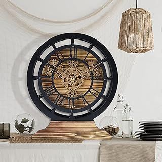 Lafocuse 10 Inch Wooden Real Moving Gears 2 in 1 Desk Clock Wall Clock,Farmhouse Rustic Table Clock Black,Vintage Mantel Clocks for Living Room Decor