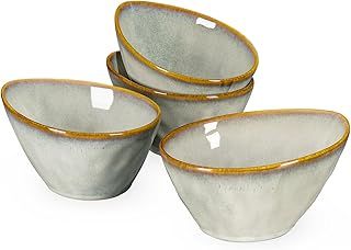 Henten Home Stoneware Pasta Bowls, Set of 4 Soup Plate - 20 OZ, Dessert Bowl, Snack Bowl, Ice Bowl, Soup Bowl Large Bowl 600 ml, Vintage Beige Design
