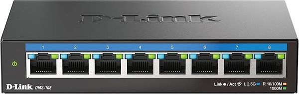 D-Link DMS-108 8-Port 2.5G Multi-Gigabit Unmanaged Desktop Switch with eight 2.5 Gigabit Ports, Fanless, Low Profile, Compact, Metal Housing, QoS, Plug and Play