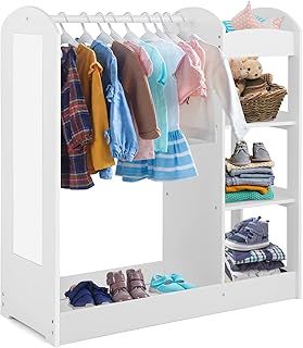 COSTWAY Kids Dress up Storage, Children Wardrobe with Mirror, Clothes Rail and 3-Tier Shelves, Child Wooden Organizer Costume Closet for Boys Girls Gift (White)