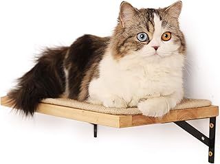 FUKUMARU Floating Wall Shelf with Cat Scratching Mat, 2cm Thick Solid Rubber Wood Hanging Shelves, 40 x 25 cm