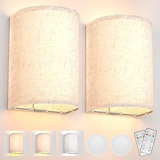LABOREDUCER Wall Lights Sconces Set of Two,Rechargeable Battery Operated Wall Lights with Remote,Dimmable Brightness and 3 Color Temperature Wall Light with Fabric Shade for Bedroom Living Room