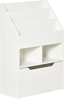 HOMCOM Kids Bookshelf with Storage Drawer, Children's Bookcase with Wheels, Toy Organiser for Bedroom, Playroom - White