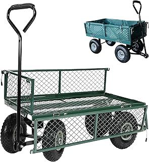 Garden TRAILER Cart with Liner Pull Along Trolley Heavy Duty Green Mesh Utility Gardeners Wagon, Removable Folding Sides, Pneumatic Tyres, Outdoor Cart for Gardening, Festivals, Camping 200Kg Loading
