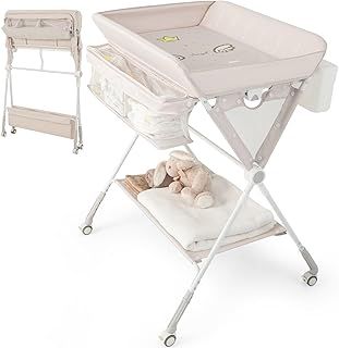 Baby Changing Table, Folding Infant Diaper Changing Station with Wheels, Shelf, Storage Basket and Trash Can, Height Adjustable Nappy Table for Newborn (Beige)