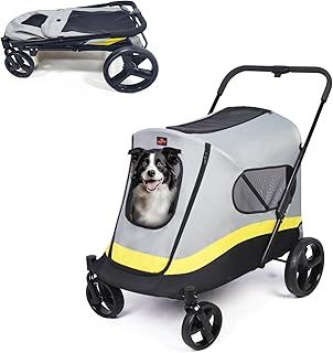 BingoPaw Folding Extra Large Dog Stroller : Portable Dog Buggy 4 Wheels for Large Dogs Pet Cat Travel Carriage Stroller Breathable Carrier with Rain Cover Include